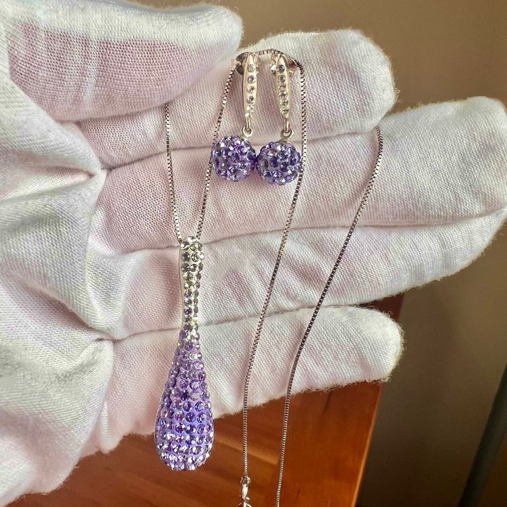 925 AU Sterling Silver Austrian Crystal Necklace an Earring Set,Necklace, Purple